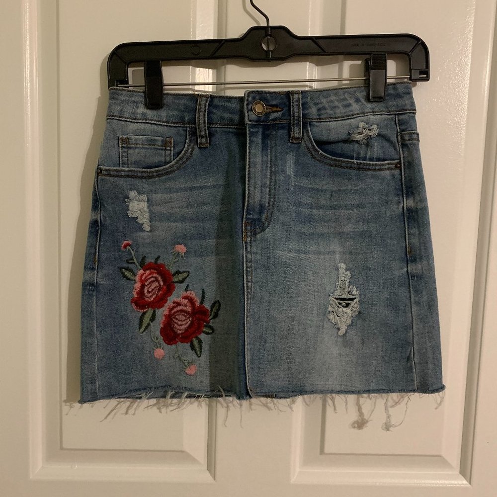 Angel Kiss Denim Distressed Mini Skirt with Flower Patch